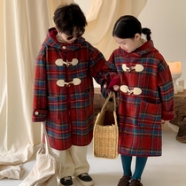 Childrens woolen coats for boys and girls in winter plus velvet and thickened retro plaid hooded mid-length baby woolen coats