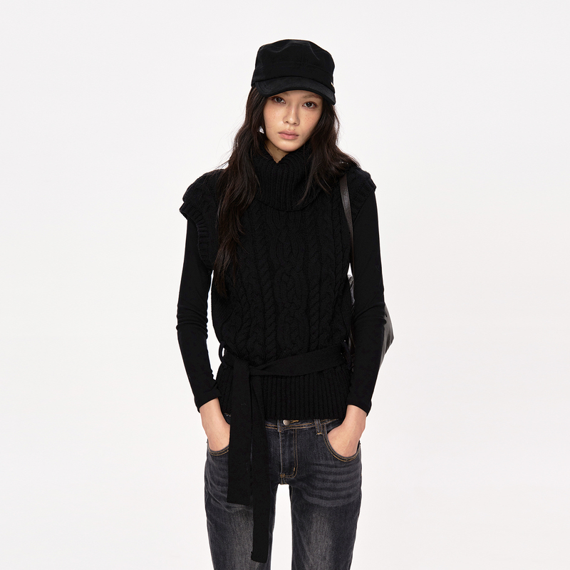 Insliisa Hemp Flower High-Neck Belted Cable Knit Vest Autumn Sweater Vest Woven Three-Dimensional Small Flutter Sleeve Top