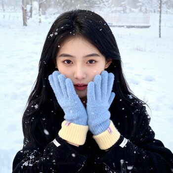 Korean Style New Blue Plush Cute Warm Gloves for Female Students, Suitable for Autumn and Winter Cycling, Warm and Cold-Resistant, with Touch Screen Capability