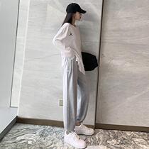 Phile Pei Lotte Grey Sports Pants Woman Autumn Winter High Waist Display Slim 100 Lap Bunch Foot Pants Loose Straight Drum Casual
