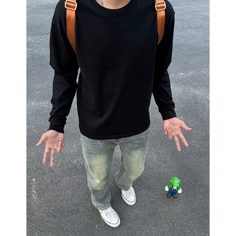Pure Black Small Crew Neck Sweatshirt for Men, Autumn Style, Cool and Sophisticated Long-Sleeve T-Shirt, American Style Inner Layer Base Shirt
