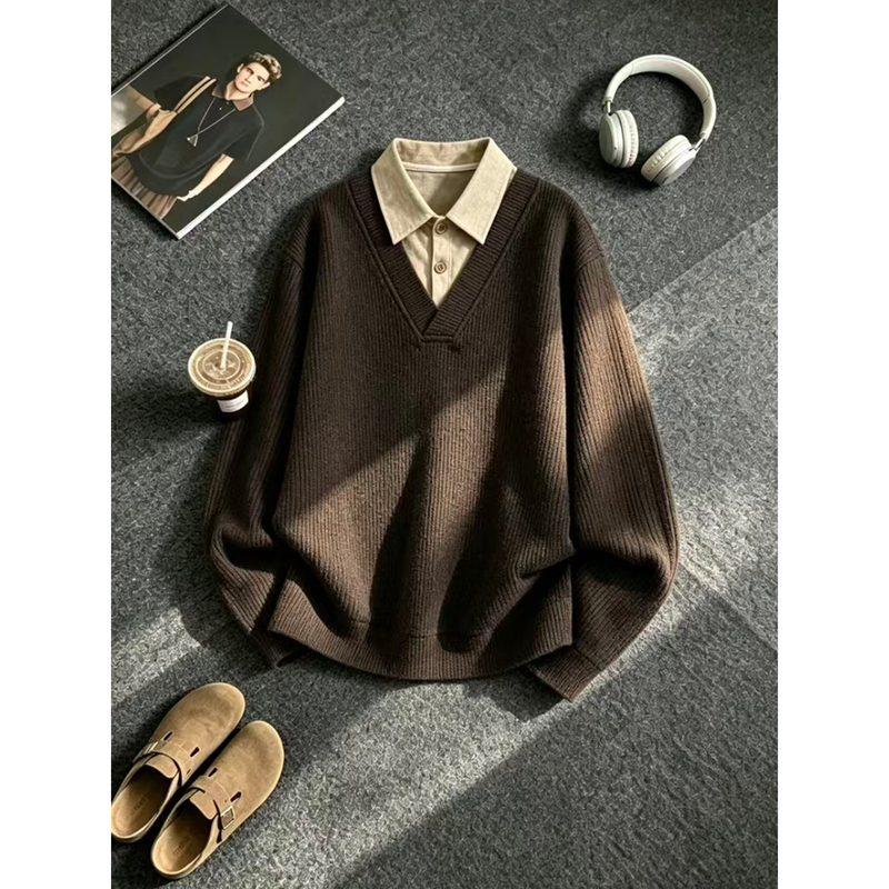 Coffee-Colored Retro Fake Two-Piece Knitted Sweatshirt for Men, Autumn and Winter Old Money Style High-End Polo Shirt with Inner Layer Base Shirt Coffee-Colored Retro Fake Two-Piece Knitted Sweatshirt for Men, Autumn and Winter Old Money Style High-End Polo Shirt with Inner Layer Base Shirt