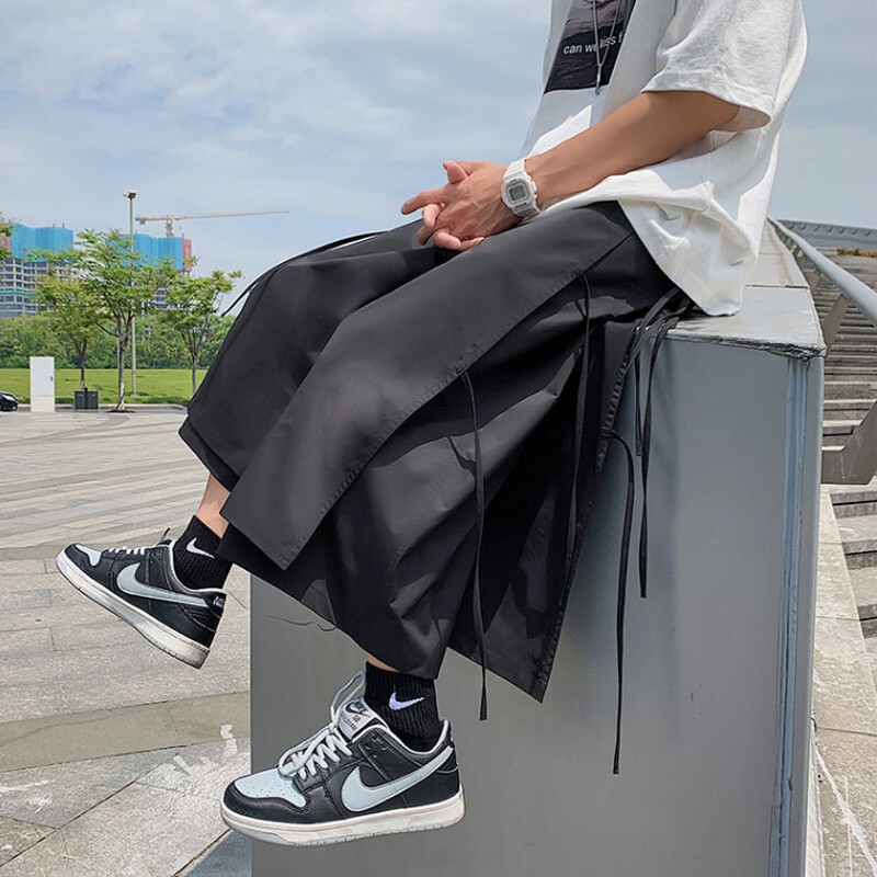 Japanese City Boy Yamamoto Style Shorts for Men, Summer Trendy Brand ins Fake Two-Piece Pants with Unique Design, Niche Cropped Pants
