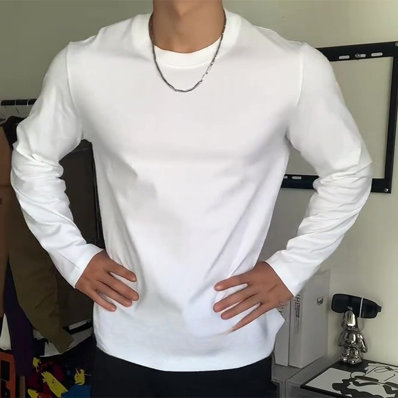 White Inner Layer Base Shirt for Men, Autumn and Winter, Xinjiang Long-Staple Cotton, Long-Sleeve T-Shirt, Ribbed Neckline, American-Style Small Neckline Sweatshirt