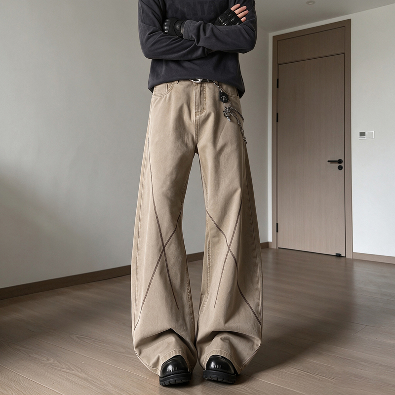 Khaki Color Contrast-Stitched Curved Hem Jeans for Men, Autumn and Spring American Style Hasselblad Line Pants, Trendy Brand, Cool and Stylish, Slightly Flared Work Pants Khaki Color Contrast-Stitched Curved Hem Jeans for Men, Autumn and Spring American Style Hasselblad Line Pants, Trendy Brand, Cool and Stylish, Slightly Flared Work Pants