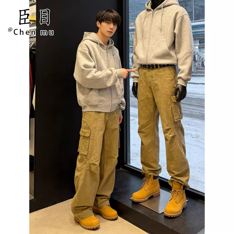 American High Street Style Workwear Jeans for Men, Spring Season, Paired with Martin Boots, Straight Loose Fit, Cool Street Style, Slightly Flared Pants