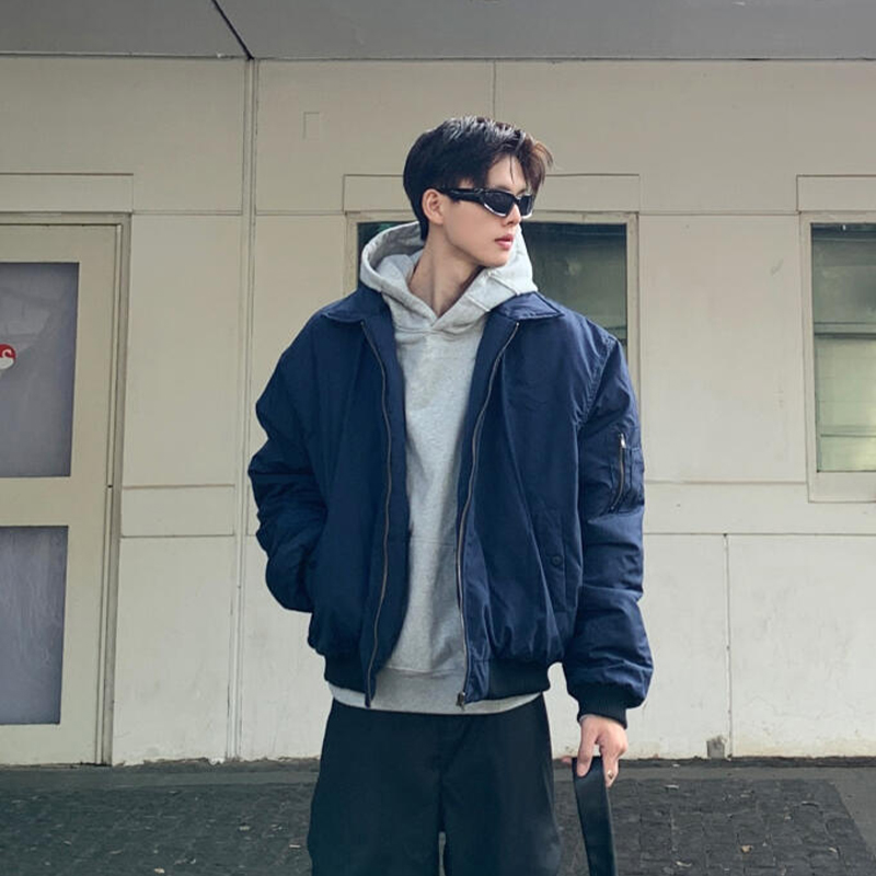 ブルー ボンバー アメリカン フライト ジャケット コットン メンズ 冬 クリーンフィット ショート ラペル ベースボール ジャケット