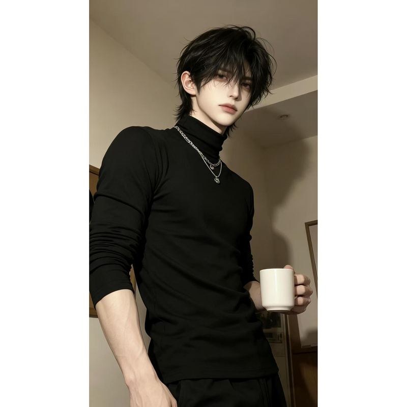 Black Korean-Style High-Neck Sweater for Men, Autumn Slim-Fit Knitwear with Wide Shoulders and Narrow Waist, Suitable as an Inner Layer Black Korean-Style High-Neck Sweater for Men, Autumn Slim-Fit Knitwear with Wide Shoulders and Narrow Waist, Suitable as an Inner Layer