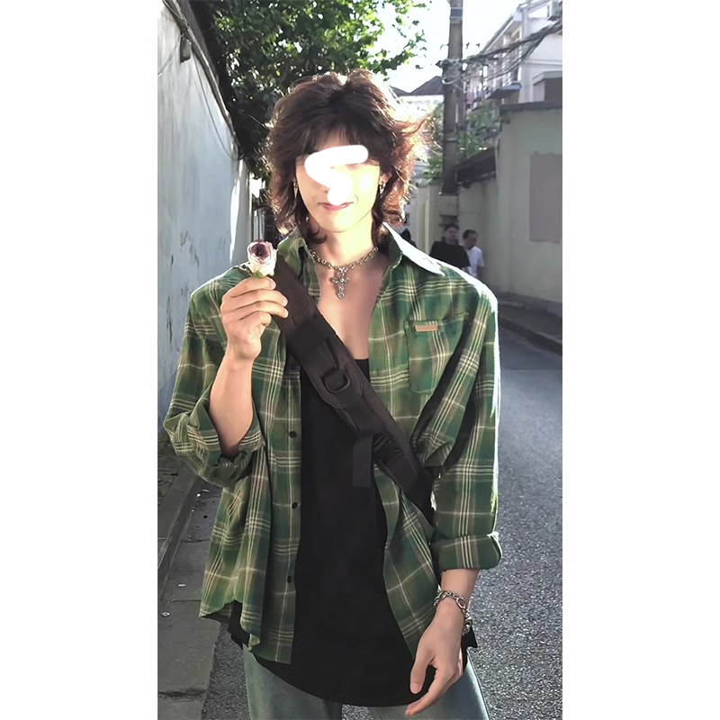 Matcha Green Plaid Shirt Men's Long-Sleeved Autumn and Winter Flannel Shirt Cleanfit American Style Handsome Retro Jacket Matcha Green Plaid Shirt Men's Long-Sleeved Autumn and Winter Flannel Shirt Cleanfit American Style Handsome Retro Jacket