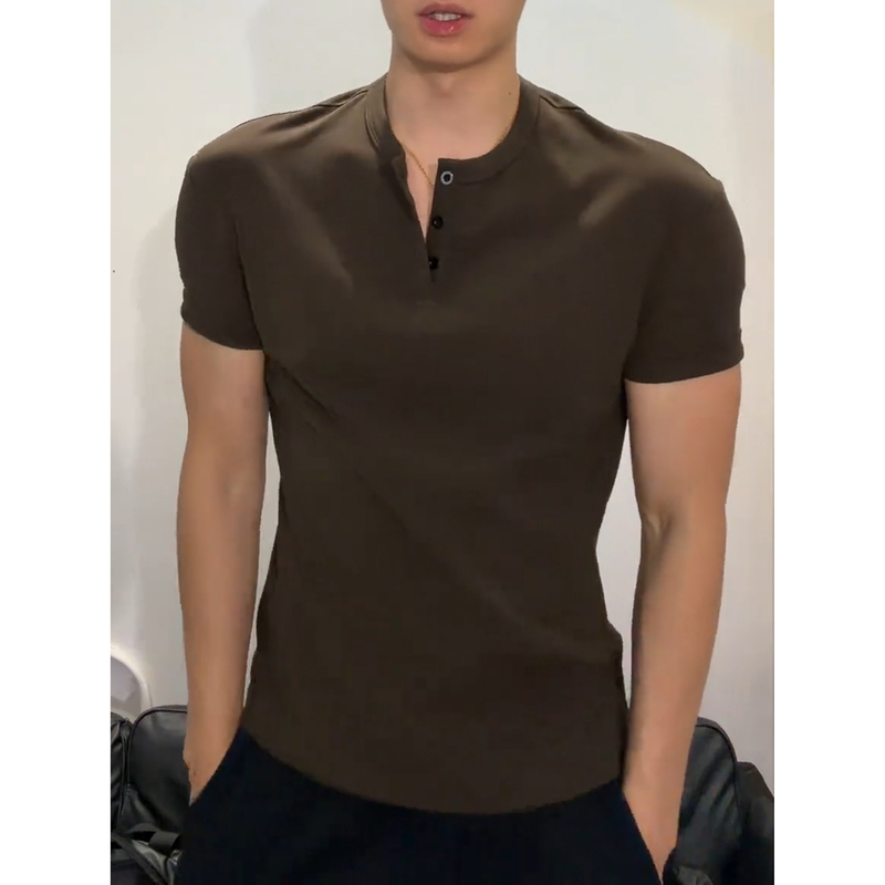 Dark Brown Henry Collar Slim-Fit T-Shirt for Men, Summer Wide Shoulder Narrow Waist Fitness Short-Sleeve American Style Cuffed Half-Sleeve Dark Brown Henry Collar Slim-Fit T-Shirt for Men, Summer Wide Shoulder Narrow Waist Fitness Short-Sleeve American Style Cuffed Half-Sleeve
