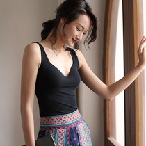 Pure cotton harnesses vest woman with chest cushion bra cups one-piece free wearing bra underwear inside lap black undershirt