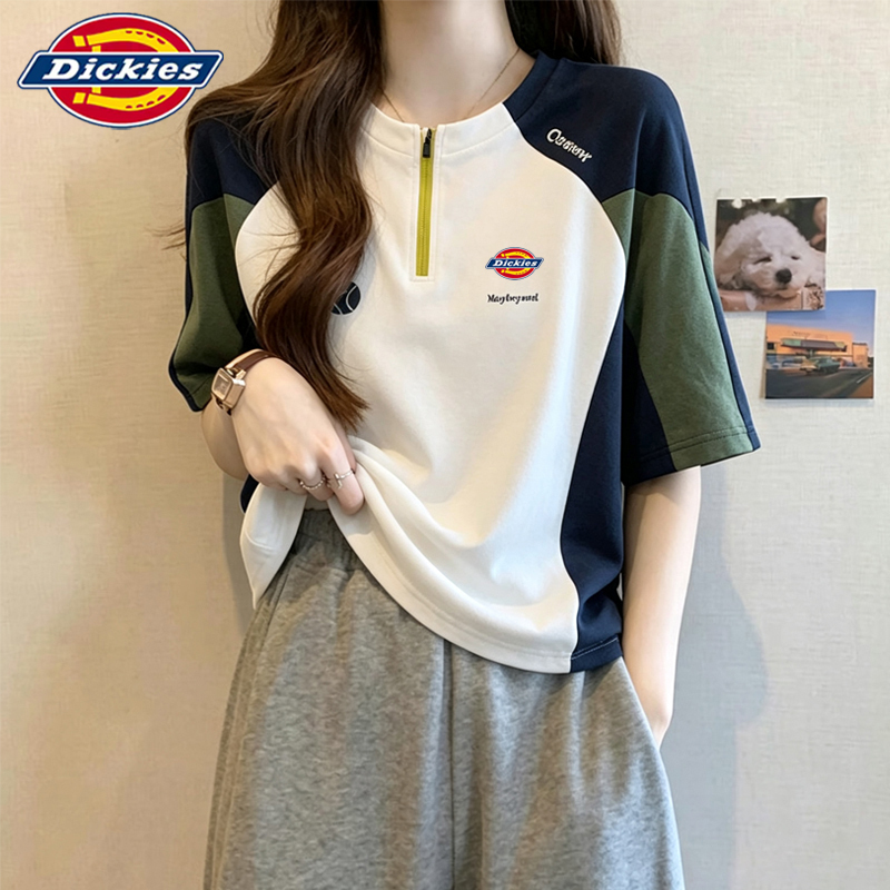 Short-Sleeved T-Shirt for Women, Summer 2026 New Style, American Casual, Loose Fit, Sports, Color-Blocking, Half-Zip Top, Trendy