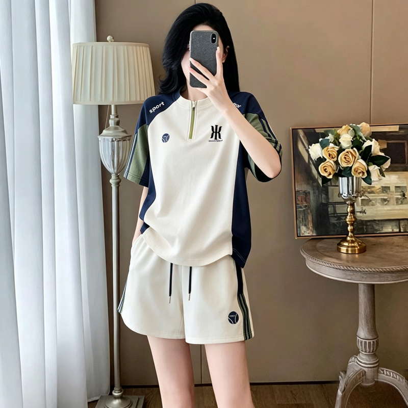 2026 Spring Casual Women's Sports Suit Short Sleeve Two-Piece Set Fashionable Loose White Stand Collar Sportswear with Zipper