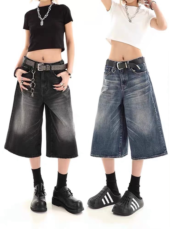 Zai Zai Fashion Women's Vintage Loose Fit Washed Distressed Cropped Denim Shorts Women's Summer High Street Wide Leg Pants