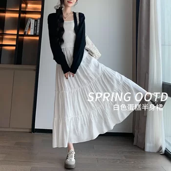 White Midi Skirt Spring Long Skirt White Half-Length Skirt Spring Tiered Skirt