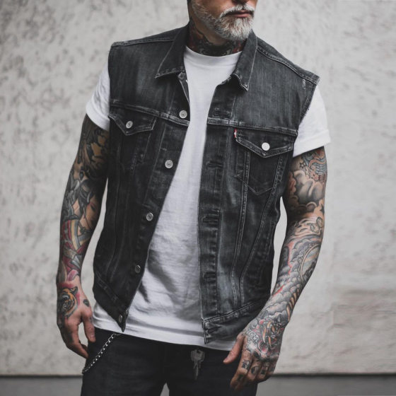 Men's denim vest 潮男牛仔马甲暗黑风骷髅骨头印花无袖百搭背心