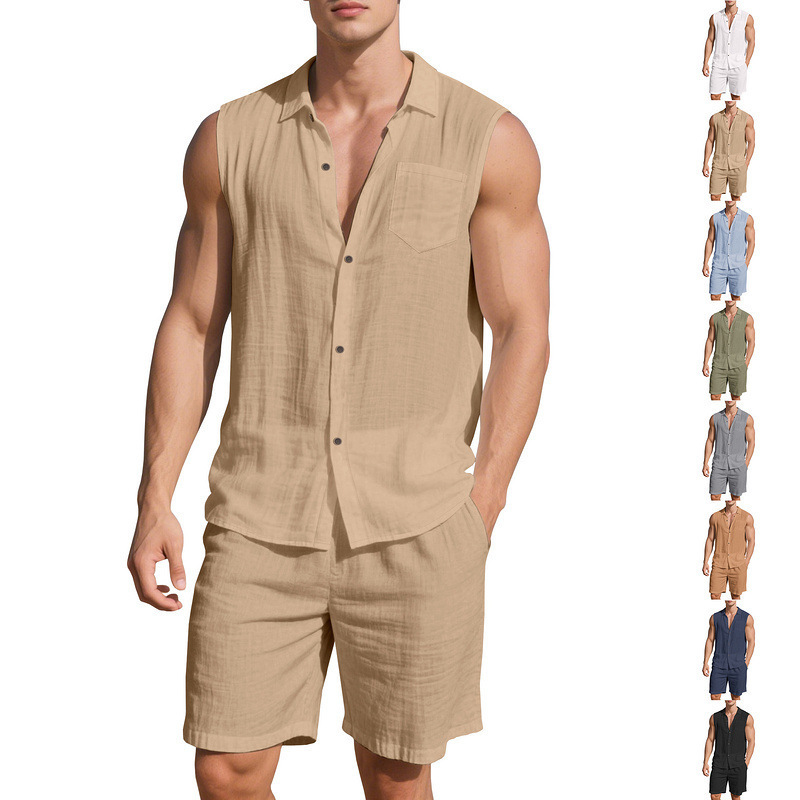 Cross-Border European and American Summer Men's Casual Lapel Sleeveless Linen Cardigan Shirt Beach Sports Shorts Set