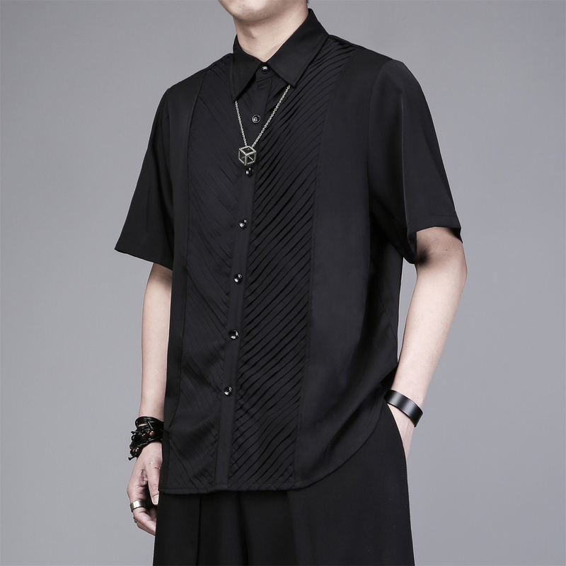 Dark Style Pleated Striped Patchwork Shirt for Men, Short-Sleeved, Pointed Collar, Loose Fit, Unique Design, Dark Pattern Black Shirt for Summer