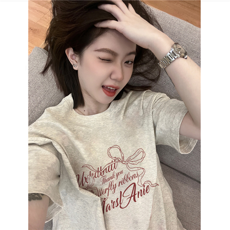 Pure Cotton American Retro Bow Letter Print Regular Shoulder Short-Sleeve T-Shirt for Women, Summer Design, Niche Loose Half-Sleeve Top