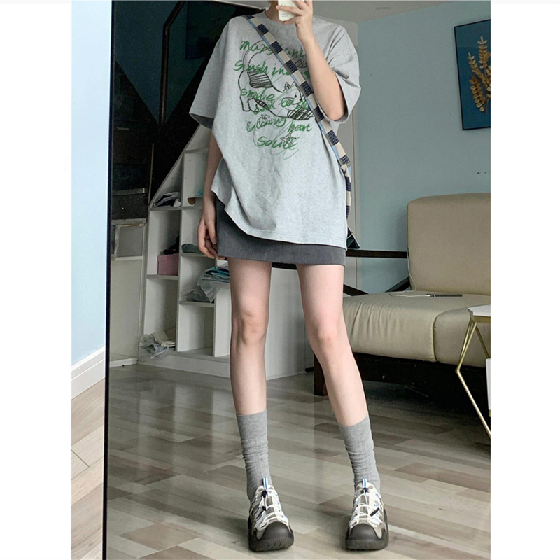 Pure Cotton American High Street Style Gray Regular Shoulder Short-Sleeve T-Shirt for Women 2026 New Design Niche Loose Half-Sleeve Top Pure Cotton American High Street Style Gray Regular Shoulder Short-Sleeve T-Shirt for Women 2026 New Design Niche Loose Half-Sleeve Top