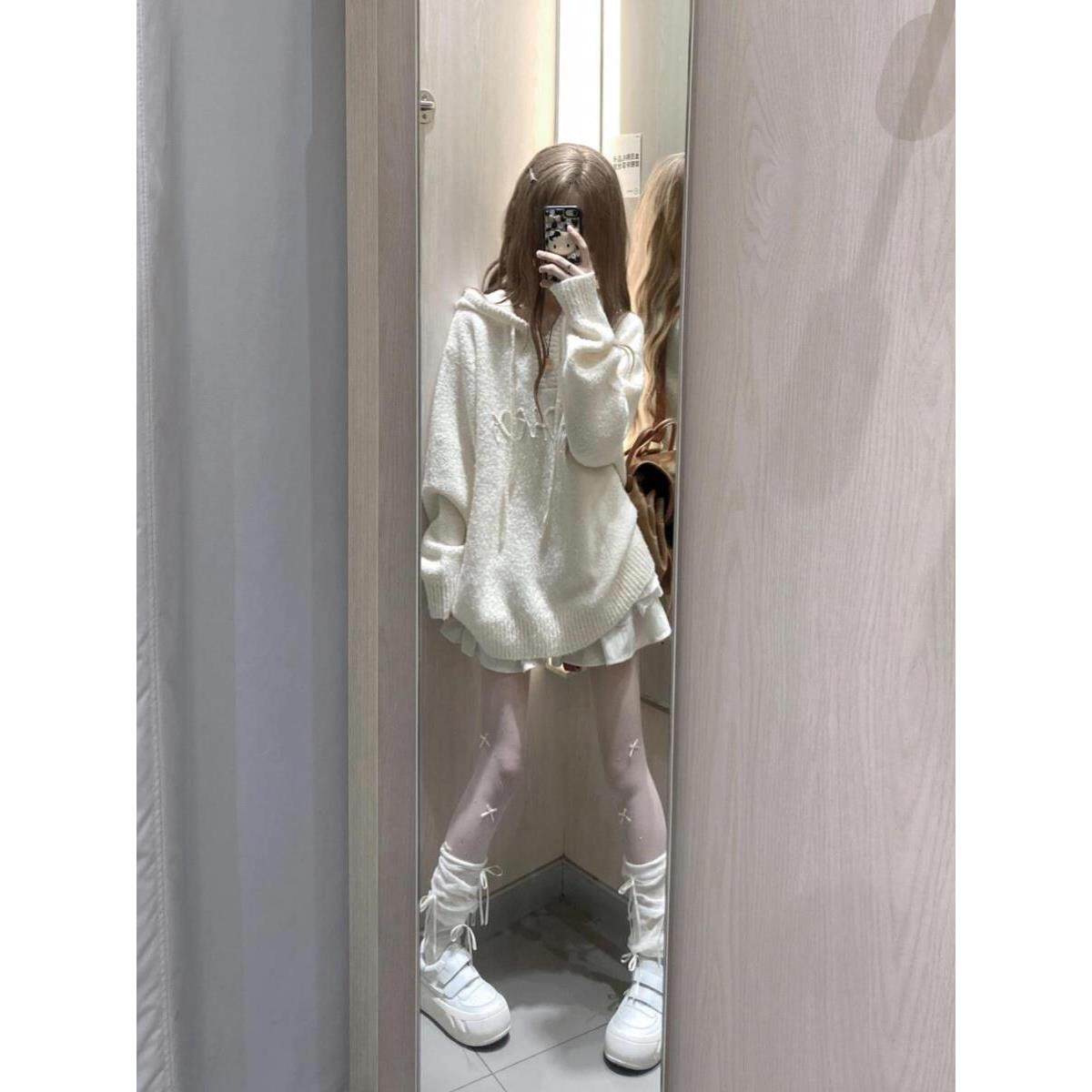美式复古米白连帽针织衫,小个子姐妹显瘦新宠 ( ´ `) ノ♪_毛衣_淘宝服装网