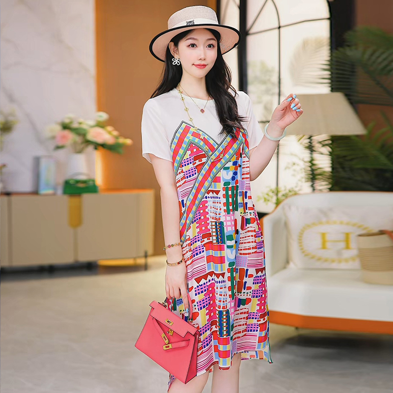 In Stock Starry Canvas~ High-End Ethnic Style Printed Dress, Loose and Slimming T-Shirt Dress, Mid-Length Dress