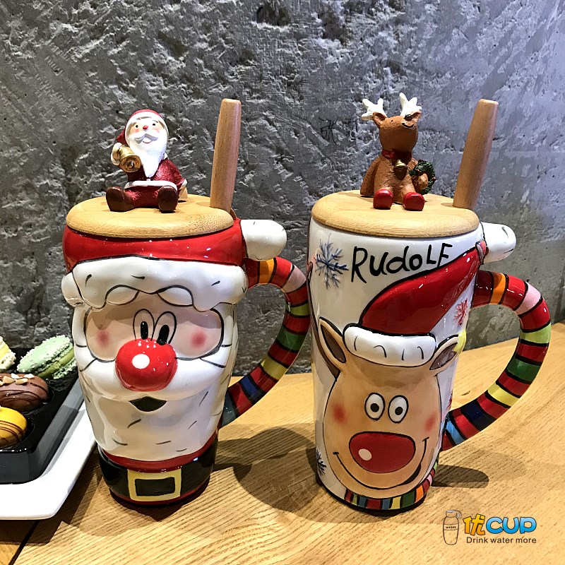 Santa Claus milu deer breakfast milk cup of large capacity office coffee cup express cartoon gift porcelain cup