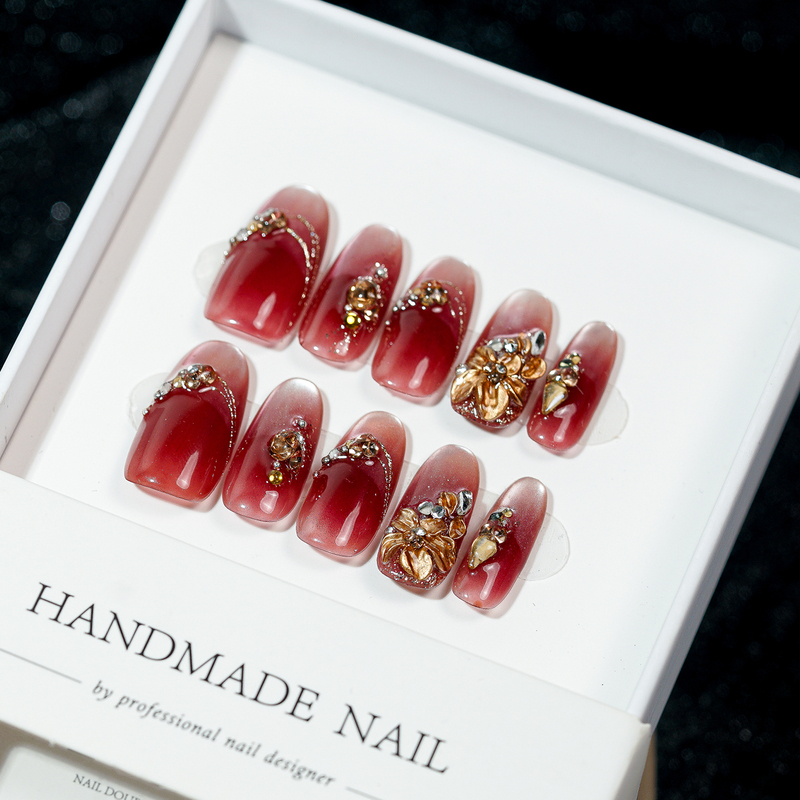 Hengchuan Autumn and Winter Red-Brown Nail Artist Hand-Painted Micro-Carved Metal Flower French Cat Eye High-End Heavy Craft Wearable Nails