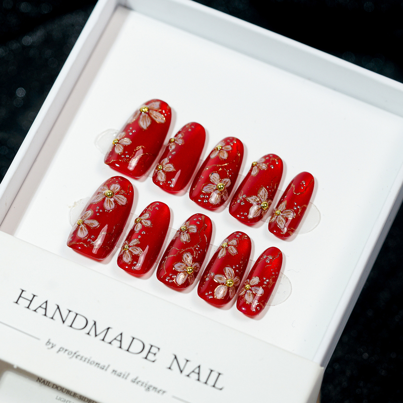 Flowers Bloom and Prosperity Comes. Chinese-Style Nail Artist Hand-Drawn Light Luxury High-End New Year Red Cat-Eye Press-On Nails That Make Your Skin Look Fairer