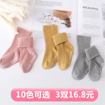 Childrens socks spring and autumn pure cotton thin section boys and girls in the middle of the child tube socks flanging baby autumn and winter short socks