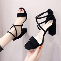 Hot air 2022 new sandals womens summer middle heel rough heel strap fairy Wind Han version 100 hitch student Roman high