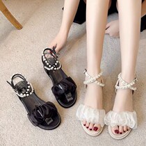 Hot Air 2022 Summer New Flat Bottom Sandals Women Pearl Mesh Yarn Fashion Korean Version Students Sandals Women Fairy Wind Shoes
