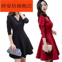 .C Spring and Autumn New Women's V-neck Slim Thick Long Puff Skirt Long Sleeve Plus Size Dress