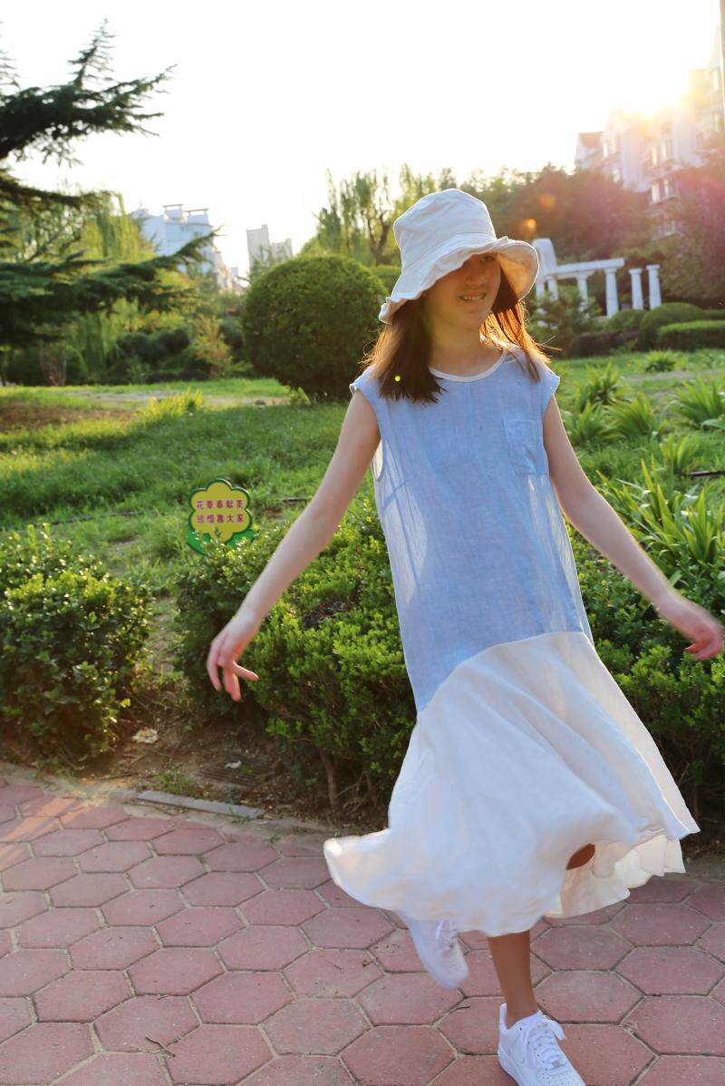 Blue Song Bird Dyed Pure Linen Blue and White Colorblock Dress Slightly Loose Naive Days | One Piece Dresses