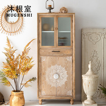 American countryside dining side cabinet solid wood carved with wall TV high cabinet home living room for old lockers small side cabinet