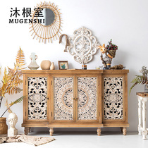 American Dining Side Cabinet Solid Wood Carved Furniture Cabinet Restaurant Retro Genguan Home Living Room Small Household Type Log Side Cabinet