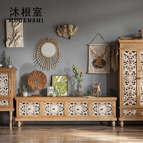 American solid wood TV cabinet Living room High and low cabinet Composition Home Bedrooms Small folk Flowers Retro made of old Deco