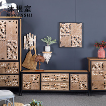 American Fields Garden TV Cabinet small family Living room solid wood Carved Flowers Decoration Home Bedroom Folk retro side cabinet Composition