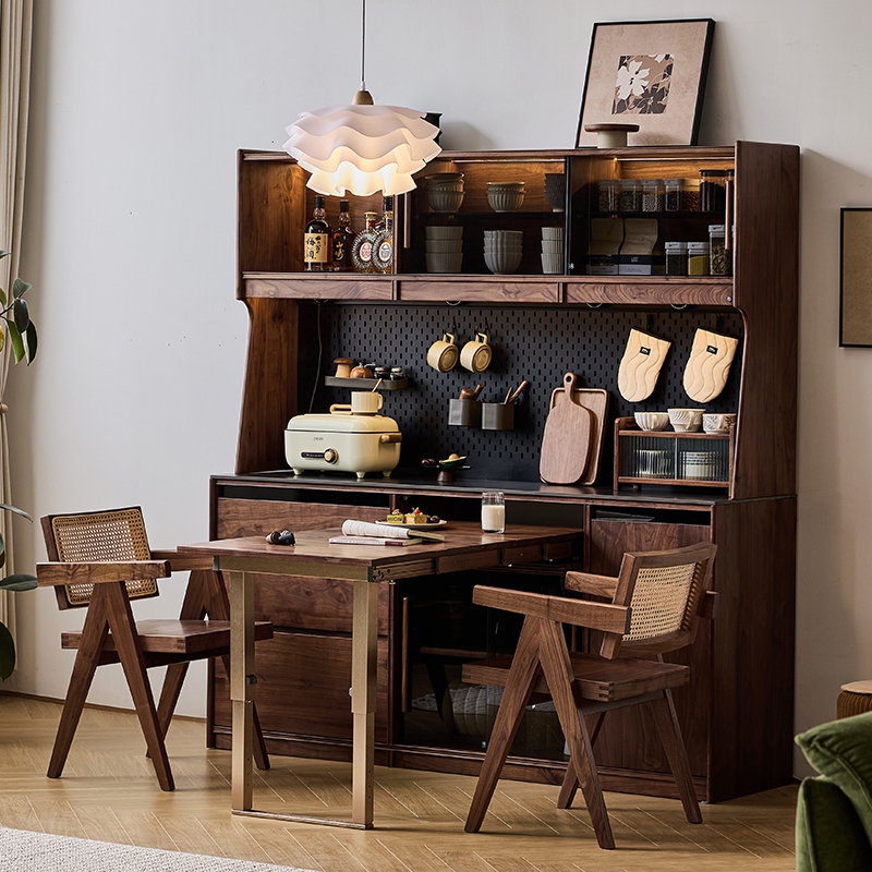 Black Walnut Sideboard Dining Table Integrated Retractable Folding Hidden Multi-Functional Small Apartment Dining Island Combination High Cabinet