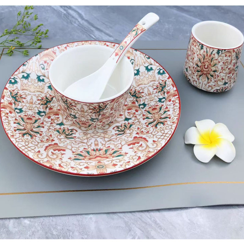 Ceramic Hotel Tableware Four-Piece Set Chinese Style Restaurant Hotel Club Bone Dish Cup Bowl Spoon Exquisite Enamel Color