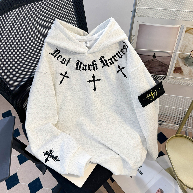 American High Street Style Cross Embroidery Hoodie for Men 2026 New National Trend Lazy Style Youth Couple Tops