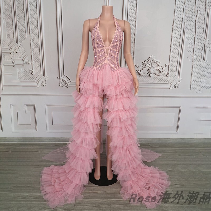 European and American Fashion Pink Mesh Sexy High-End Dress Model Catwalk Dress Annual Meeting Host Performance Clothing