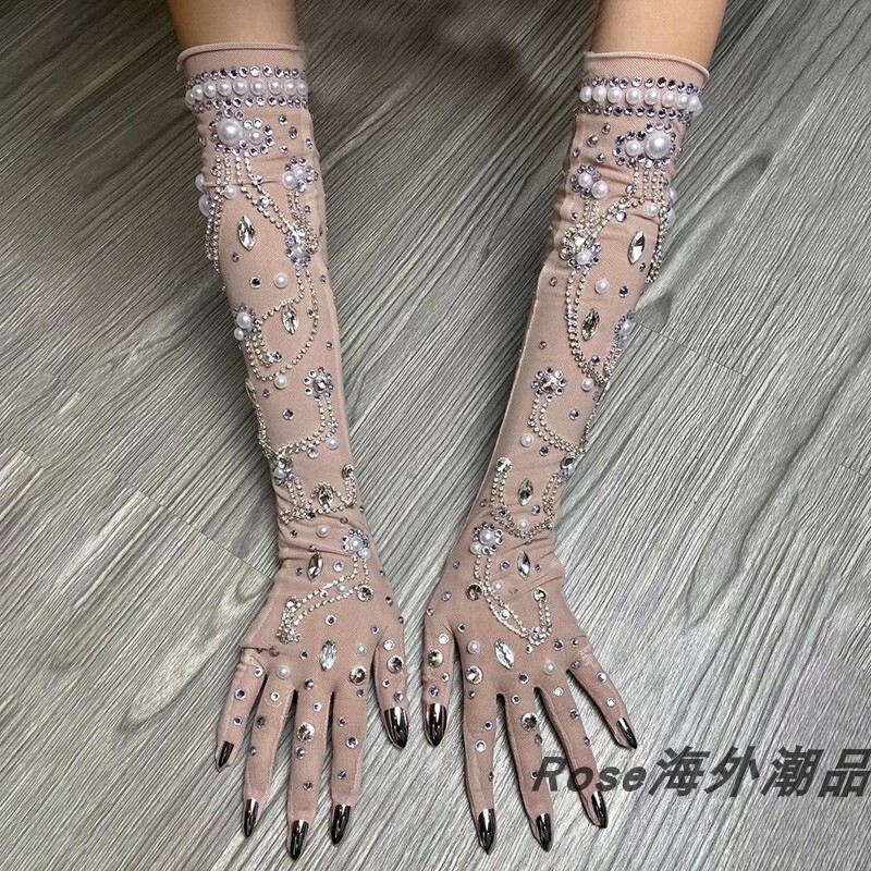 Bridal Wedding Gloves, Long Style with Shiny Diamonds and Pearls, Driving Sun Protection Gloves, Birthday Dress Accessories, Photo Studio Props