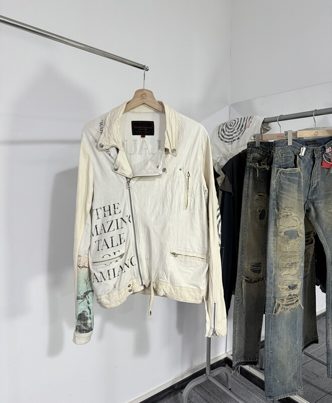 Undercover 06Ss t Period "Klaus" Band Yellow and White Patchwork Zipper Leather Jacket