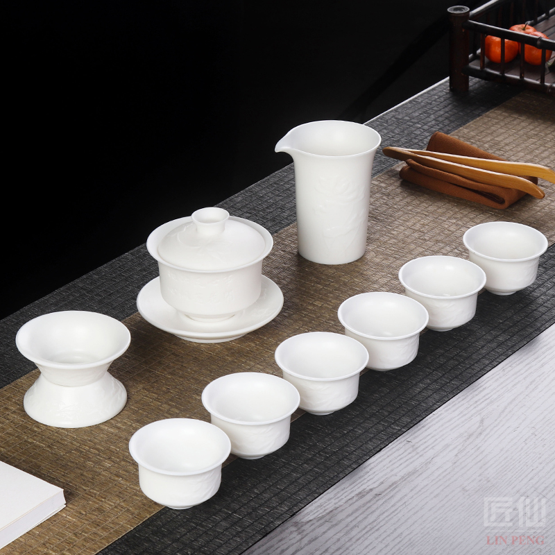 The Master artisan fairy guo - qin Chen dehua white porcelain tea set household contracted manual suet jade porcelain kung fu tea set