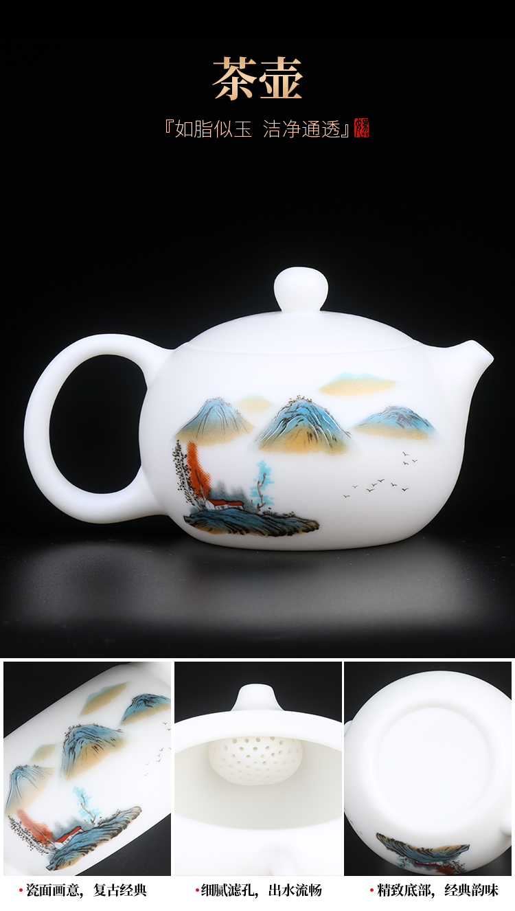 Artisan fairy dehua white porcelain hand - made kung fu tea sets suit household ceramic teapot of a complete set of tea cups