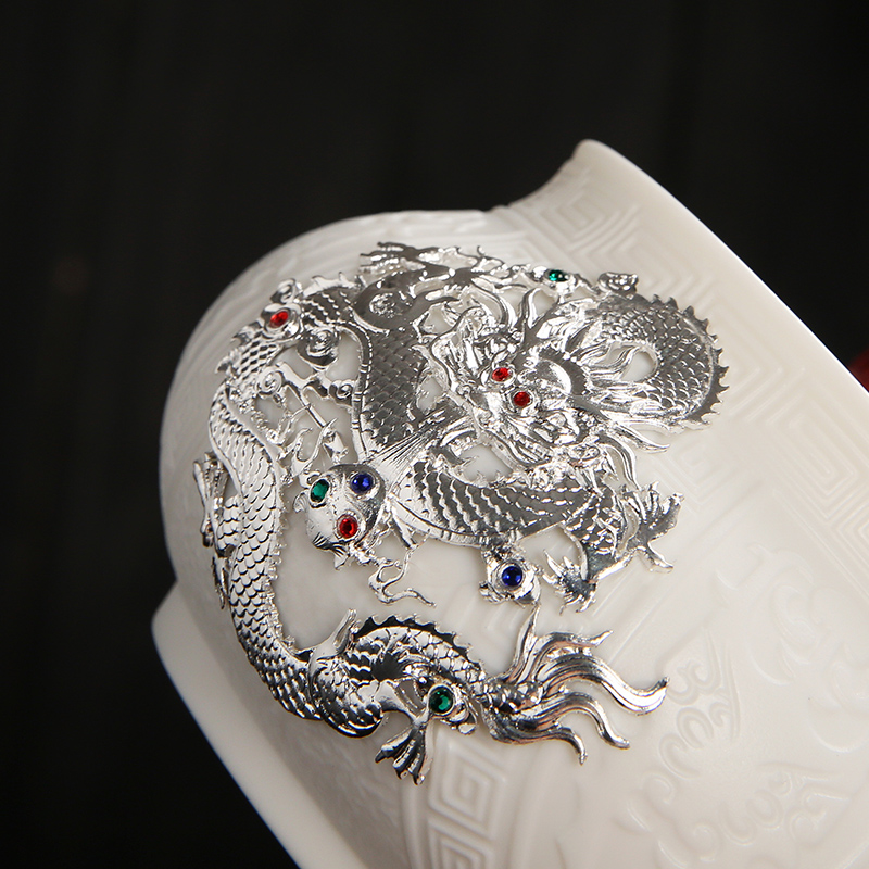 Artisan fairy dehua white porcelain inlay silver caddy fixings seal pot home storage tank boutique high - end tea boxes can of gift boxes