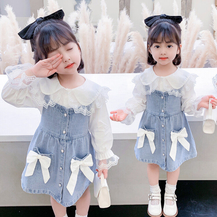 Girl Spring Clothing Suit 2022 New Spring Autumn Season Foreign Pie Baby Children Suit Denim Dress Two Sets Trendy