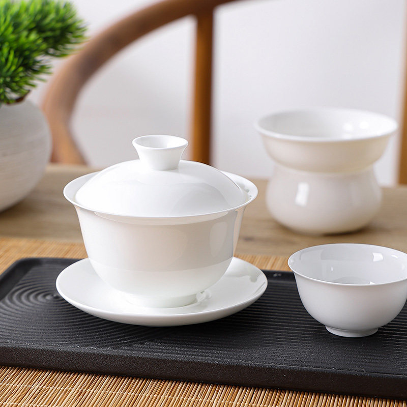 Chaozhou High-End Bone China Kung Fu Tea Set, Thin-Walled Gaiwan Tea Cup, Complete Set of White Porcelain Three-Piece Tea Brewing Small Tea Cups