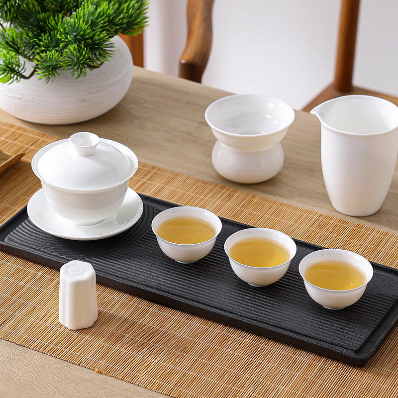 Chaozhou High-End Bone China Kung Fu Tea Set, Thin-Walled Gaiwan Tea Cup, Complete Set of White Porcelain Three-Piece Tea Brewing Small Tea Cups